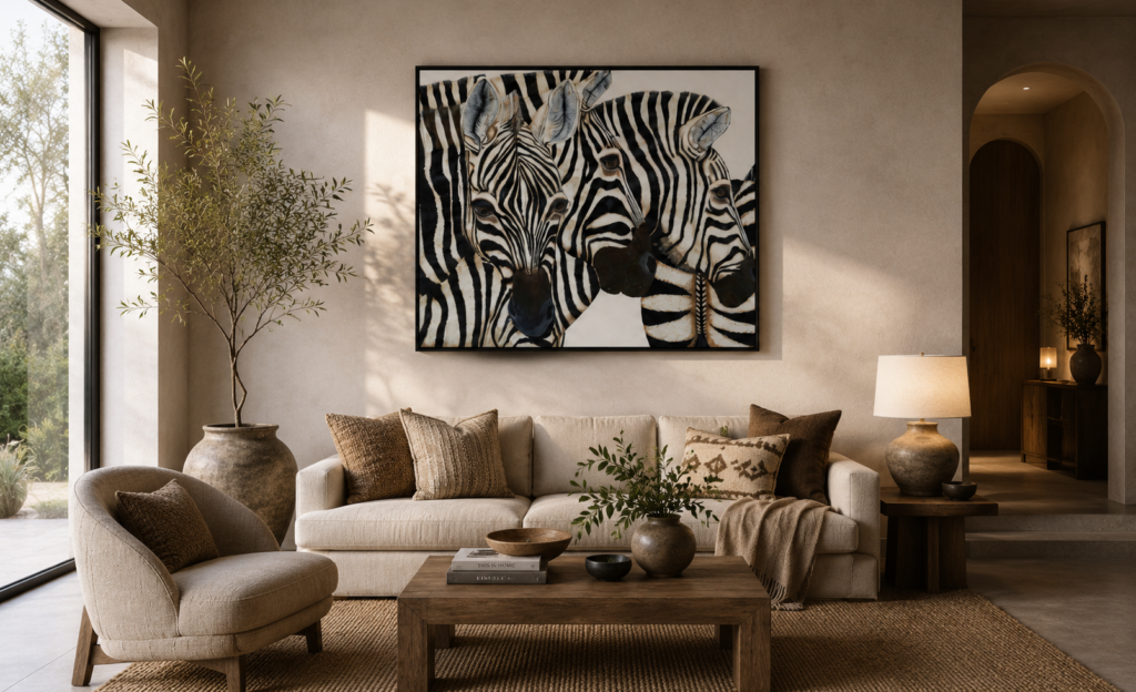 Zebras in pale lounge