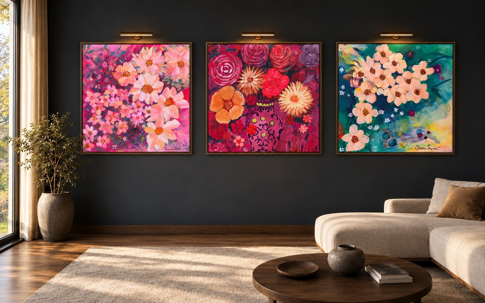 A beautiful Charcoal room home to three abstract floral paintings